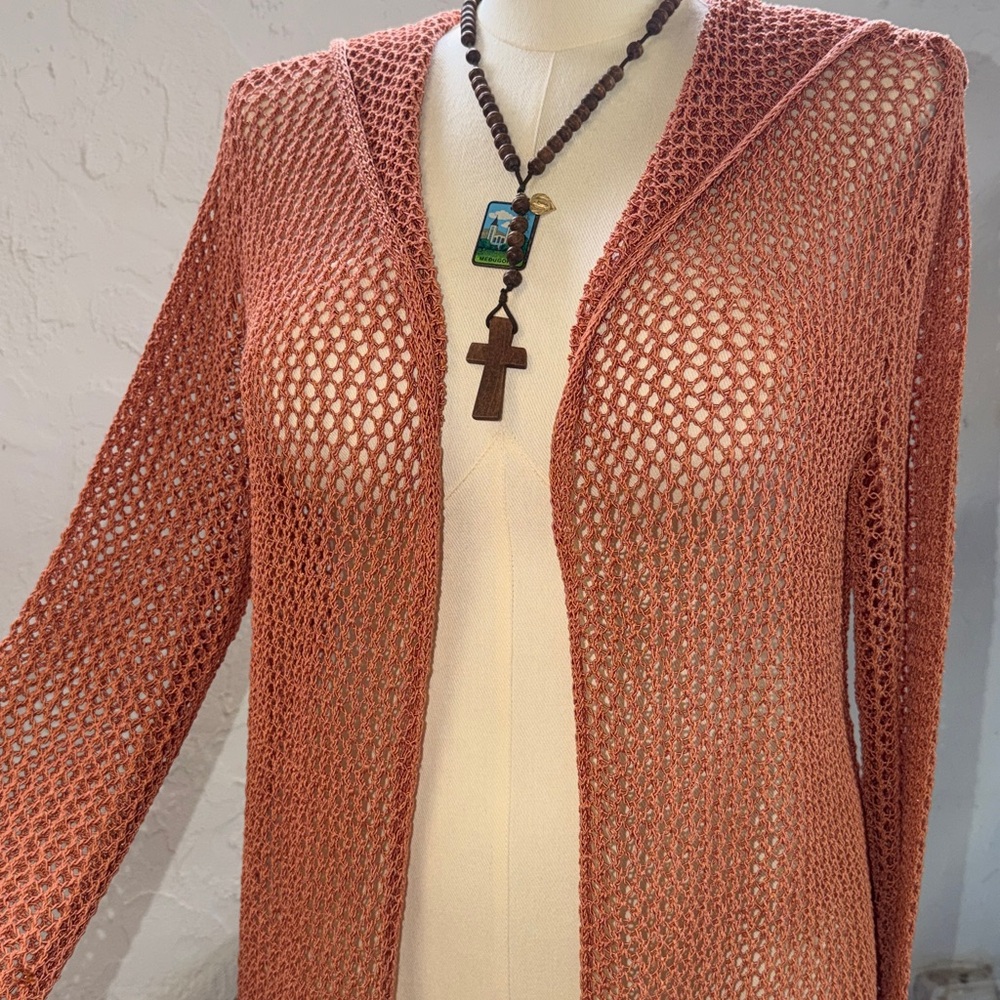 ELAN Crochet Bronze Copper Open Front‎ Hooded Duster Cardigan Jacket Cover-up L